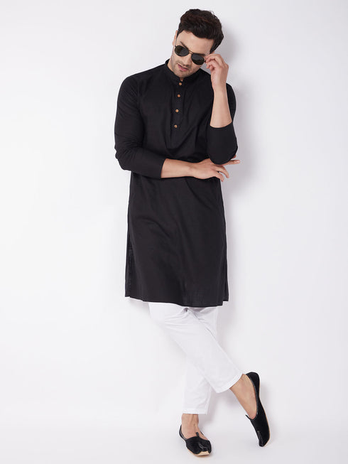 Vastramay Men's Black Solid Cotton Blend Kurta & White Solid Cotton Pant Set