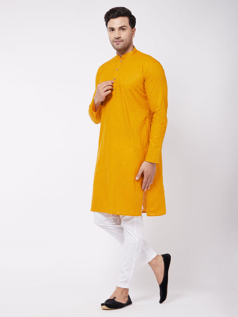 Vastramay Men's Mustard And White Solid Cotton Blend Kurta With Cotton Pant set