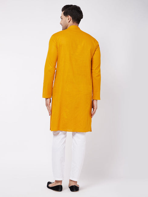 Vastramay Men's Mustard And White Solid Cotton Blend Kurta With Cotton Pant set