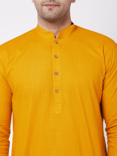 Vastramay Men's Mustard And White Solid Cotton Blend Kurta With Cotton Pant set