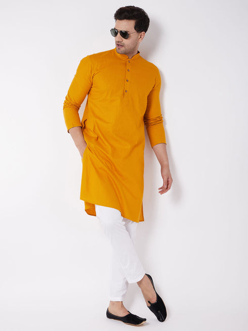 Vastramay Men's Mustard And White Solid Cotton Blend Kurta With Cotton Pant set