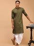 Vastramay Men's Mehdi Green Solid Cotton Blend Kurta And White Dhoti Set
