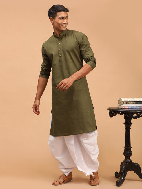 Vastramay Men's Mehdi Green Solid Cotton Blend Kurta And White Dhoti Set