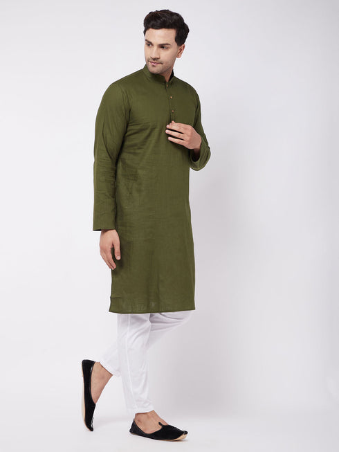 Vastramay Men's Mehendi Green Solid Cotton Blend Kurta And White Pyjama Set
