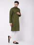 Vastramay Men's Mehendi Green Solid Cotton Blend Kurta And White Pyjama Set