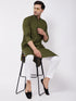 Vastramay Men's Mehendi Green Solid Cotton Blend Kurta And White Pyjama Set