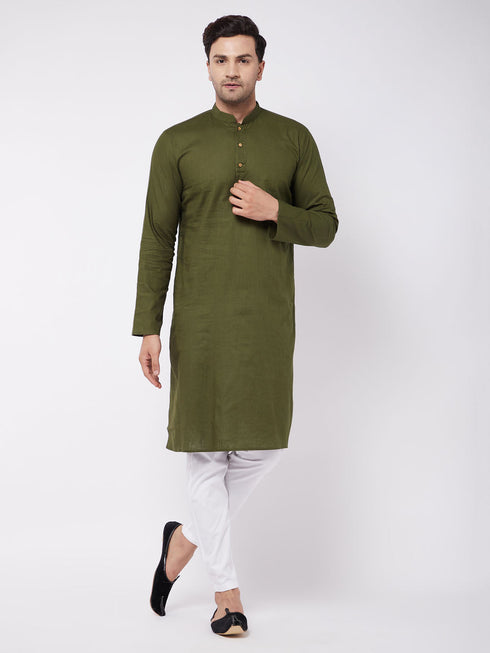 Vastramay Men's Mehendi Green Solid Cotton Blend Kurta And White Cotton Pant Set