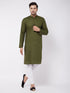 Vastramay Men's Mehendi Green Solid Cotton Blend Kurta And White Cotton Pant Set