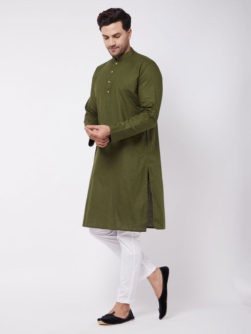 Vastramay Men's Mehendi Green Solid Cotton Blend Kurta And White Cotton Pant Set