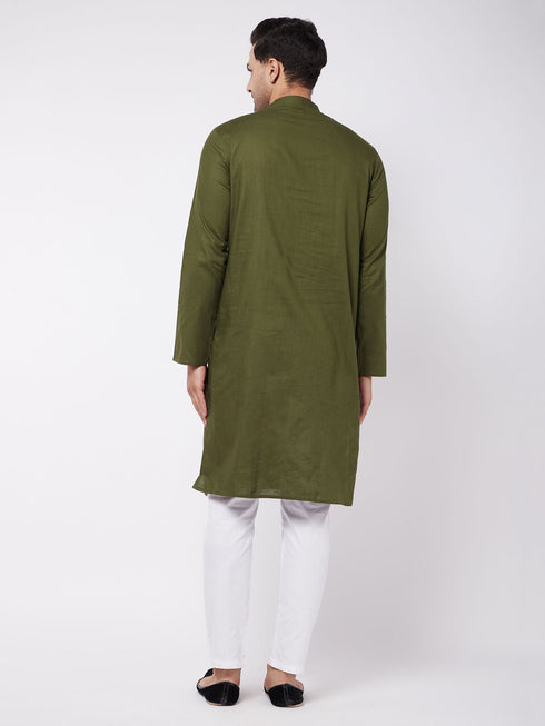 Vastramay Men's Mehendi Green Solid Cotton Blend Kurta And White Cotton Pant Set