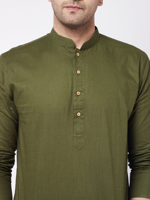 Vastramay Men's Mehendi Green Solid Cotton Blend Kurta And White Cotton Pant Set