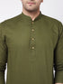 Vastramay Men's Mehendi Green Solid Cotton Blend Kurta And White Cotton Pant Set