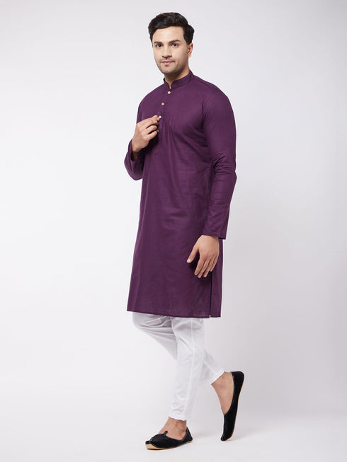 Vastramay Men's Purple Solid Cotton Blend Kurta And White Pyjama Set