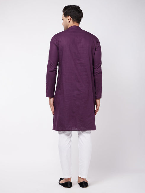 Vastramay Men's Purple Solid Cotton Blend Kurta And White Pyjama Set