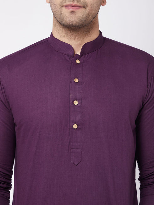 Vastramay Men's Purple Solid Cotton Blend Kurta And White Pyjama Set