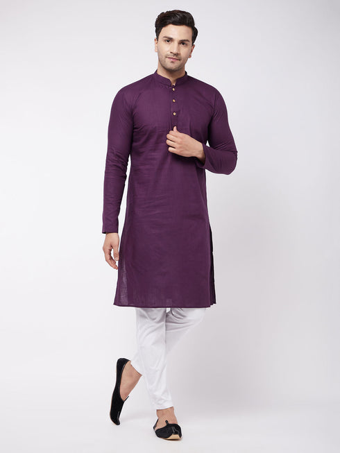 Vastramay Men's Purple Solid Cotton Blend Kurta And White Cotton Pant Set