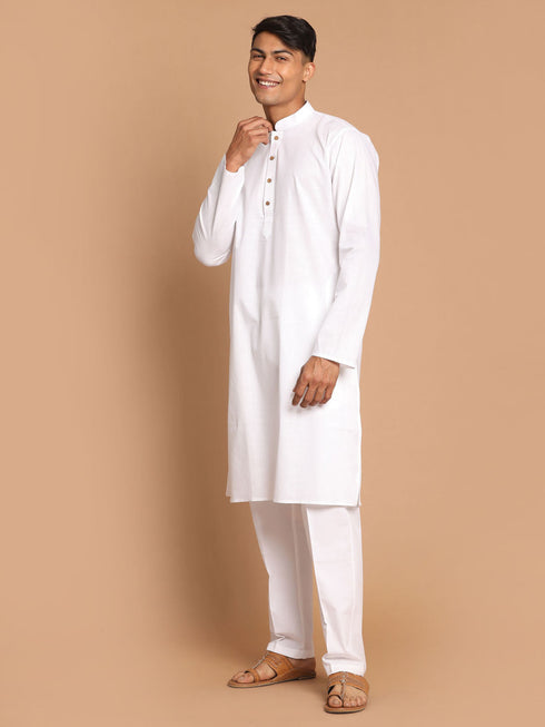 Vastramay Men's White Cotton Kurta With White Cotton Pant Style Pyjama Set