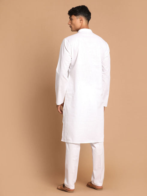 Vastramay Men's White Cotton Kurta With White Cotton Pant Style Pyjama Set