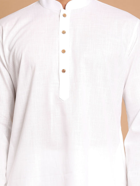 Vastramay Men's White Cotton Kurta With White Cotton Pant Style Pyjama Set