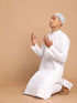 Vastramay Men White Kurta And Cotton Pant Set With Prayer Cap