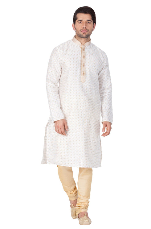 Vastramay Men's White Cotton Silk Blend Kurta and Pyjama Set