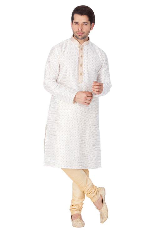 Vastramay Men's White Cotton Silk Blend Kurta and Pyjama Set