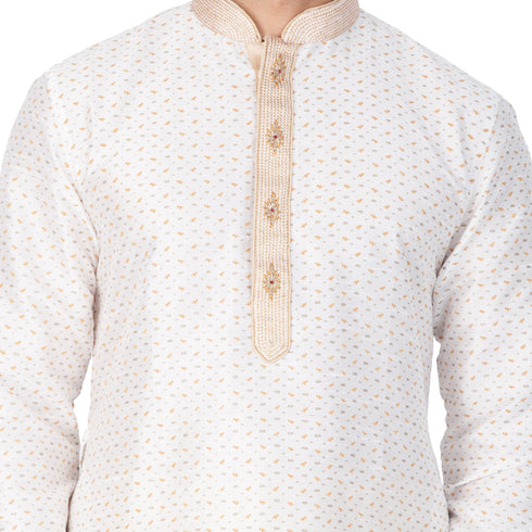Vastramay Men's White Cotton Silk Blend Kurta and Pyjama Set