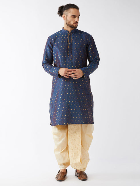 Vastramay Men's Blue Zari Weaved Kurta Dhoti Set