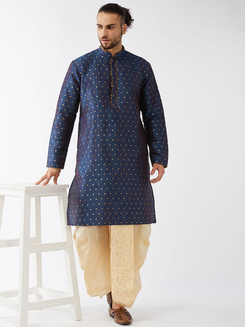 Vastramay Men's Blue Zari Weaved Kurta Dhoti Set