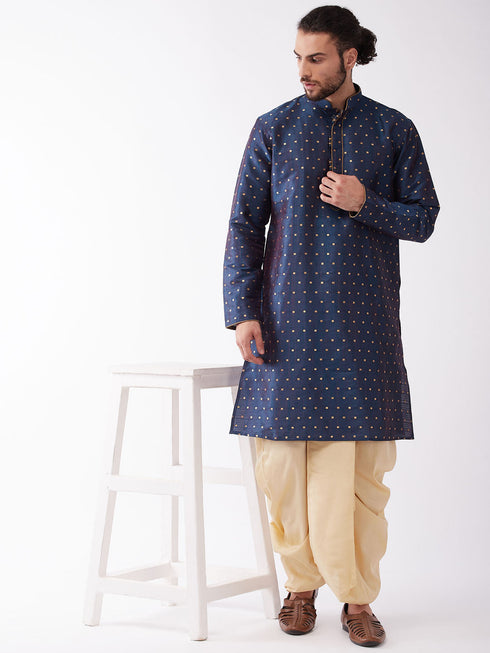 Vastramay Men's Blue Zari Weaved Kurta Dhoti Set