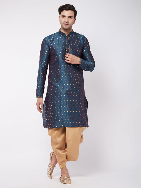 Vastramay Men's Blue Zari Weaved Kurta Dhoti Set