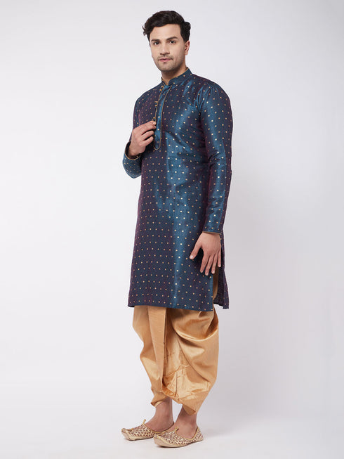 Vastramay Men's Blue Zari Weaved Kurta Dhoti Set
