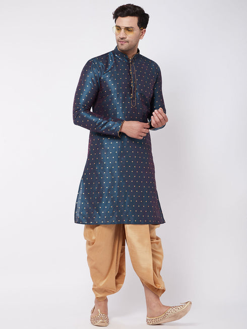 Vastramay Men's Blue Zari Weaved Kurta Dhoti Set