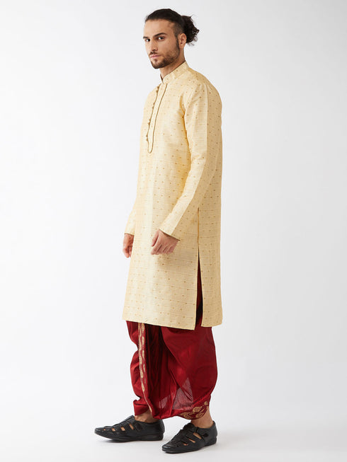 Vastramay Men's Gold Zari Weaved Kurta Dhoti Set