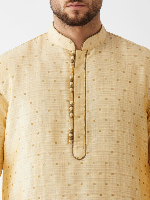 Vastramay Men's Gold Zari Weaved Kurta Dhoti Set