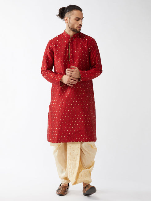 Vastramay Men's Maroon Zari Weaved Kurta Dhoti Set