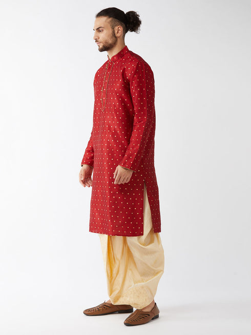 Vastramay Men's Maroon Zari Weaved Kurta Dhoti Set