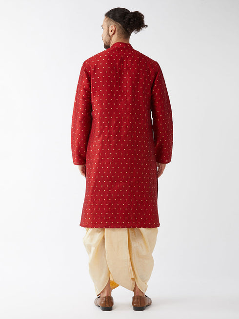 Vastramay Men's Maroon Zari Weaved Kurta Dhoti Set
