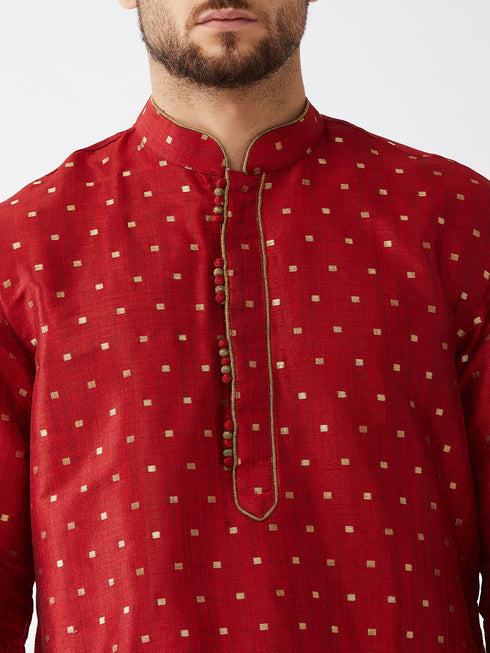 Vastramay Men's Maroon Zari Weaved Kurta Dhoti Set
