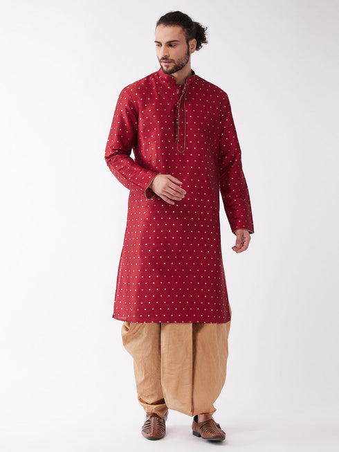 Vastramay Men's Maroon Zari Weaved Kurta Dhoti Set