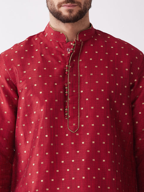 Vastramay Men's Maroon Zari Weaved Kurta Dhoti Set