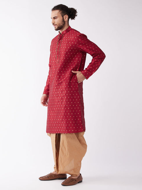 Vastramay Men's Maroon Zari Weaved Kurta Dhoti Set