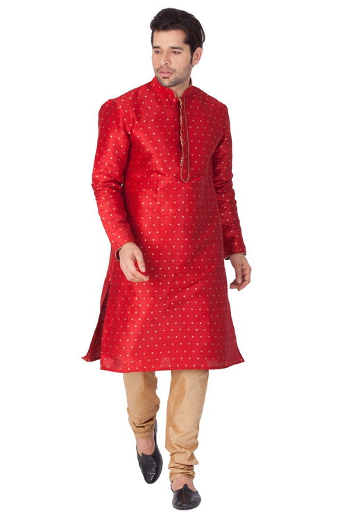Vastramay Men's Maroon Zari Weaved Kurta Pyjama Set