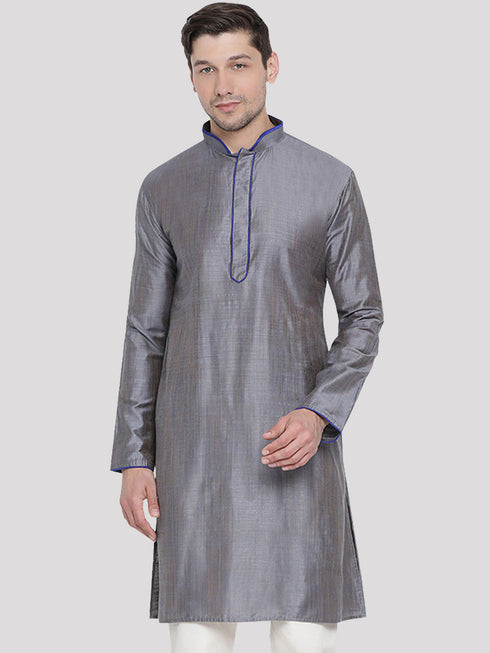 VASTRAMAY Men's Grey Cotton Silk Blend Kurta