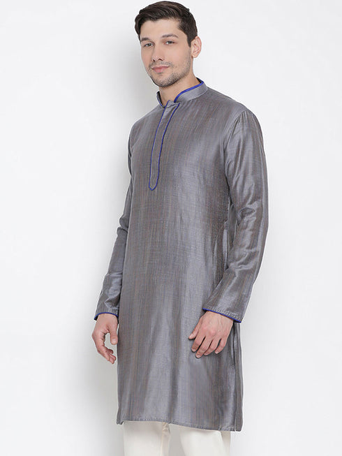 VASTRAMAY Men's Grey Cotton Silk Blend Kurta