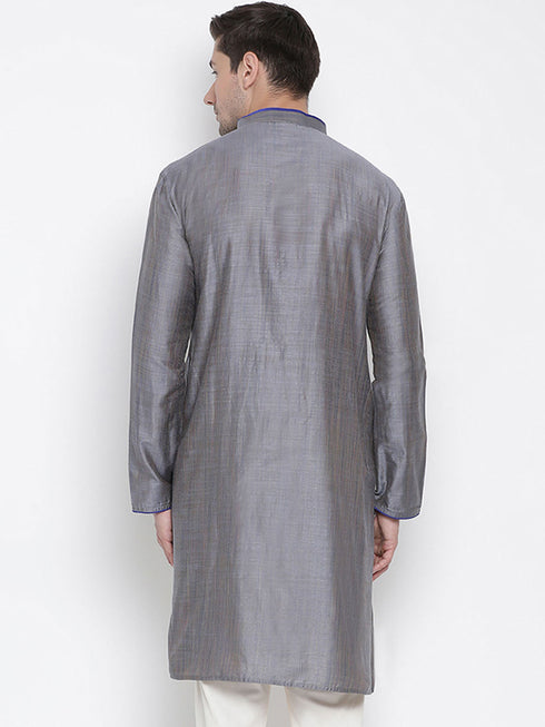 VASTRAMAY Men's Grey Cotton Silk Blend Kurta