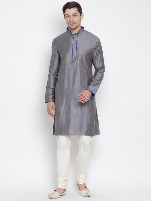 VASTRAMAY Men's Grey Cotton Silk Blend Kurta