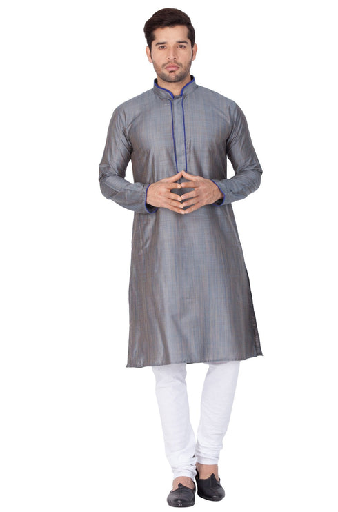 VASTRAMAY Men's Grey Cotton Silk Blend Kurta and Pyjama Set