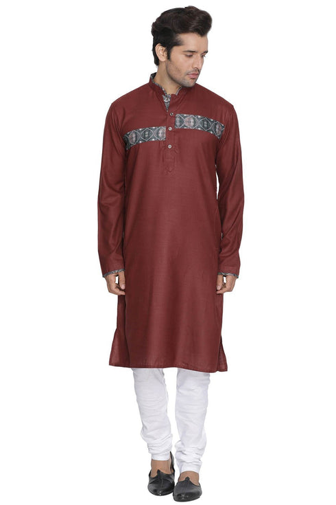 VASTRAMAY Men's Maroon Color Cotton Blend Kurta and Pyjama Set