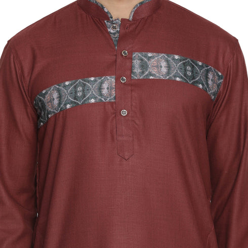 VASTRAMAY Men's Maroon Color Cotton Blend Kurta and Pyjama Set